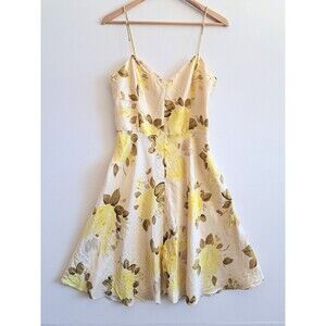 Banana Republic Yellow Floral 100% Silk Dress Spaghetti Straps Fit & Flare 8
